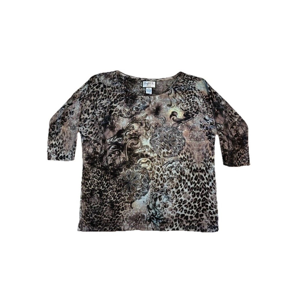 Mary McFadden Women Blouse XXL Beaded Y2K Animal Print Multicolor Soft Grunge